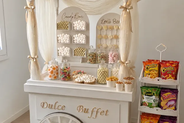 Carro de candy bar montado con tarros de chuches, piruletas y un expositor de bolsitas de snacks salados